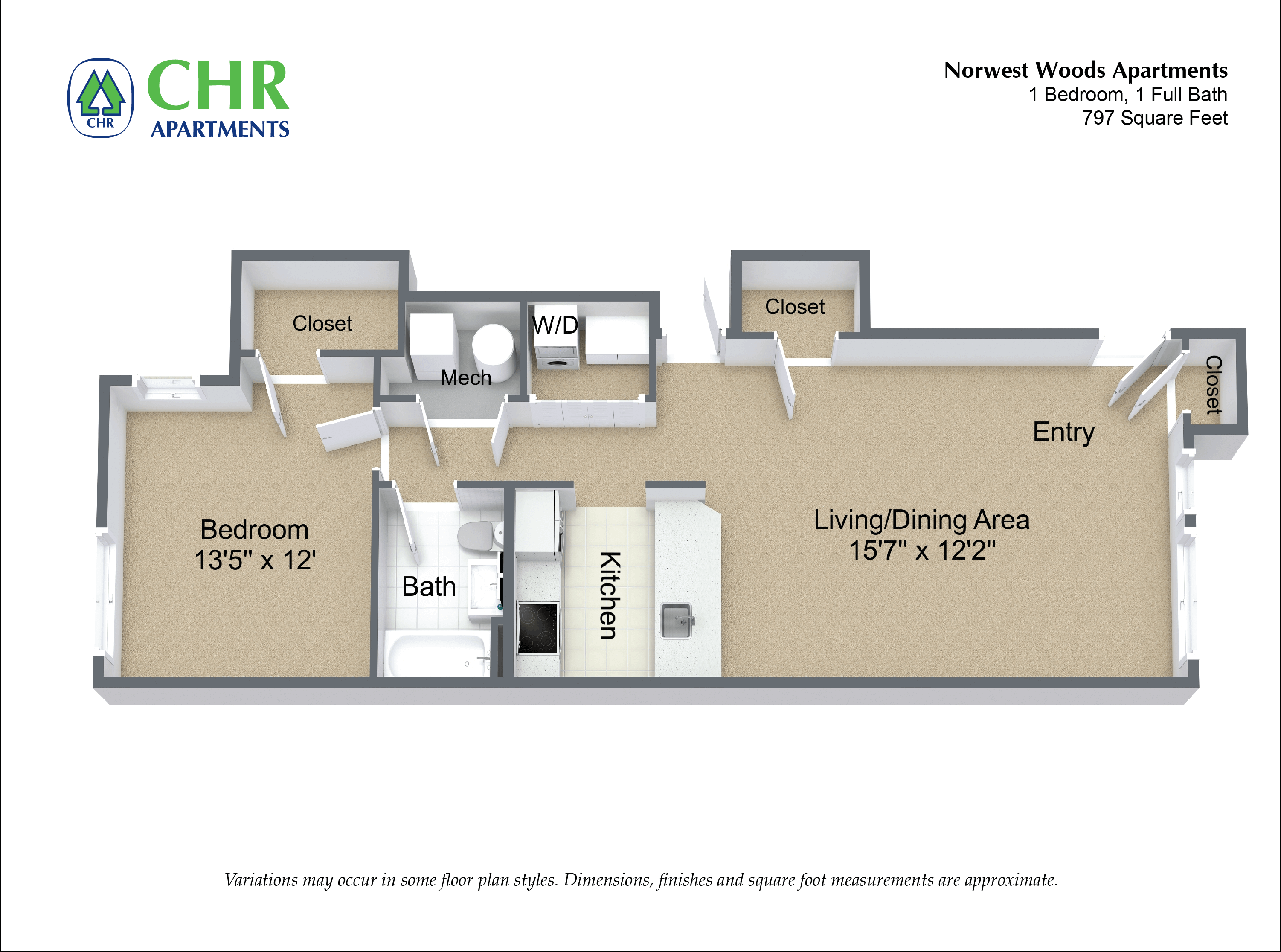 Floor plan for 1 bed, 1 bath, 839 sqft